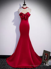 Burgundy Mermaid Satin Halter Backless Beading Prom Dress